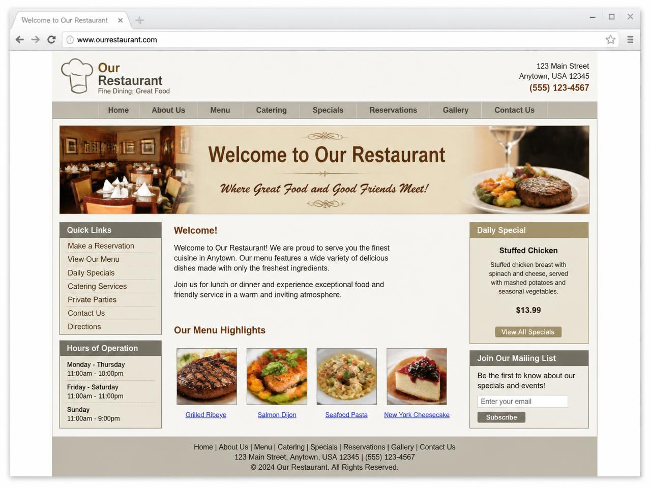 A generic, dated restaurant website template shown in a browser window